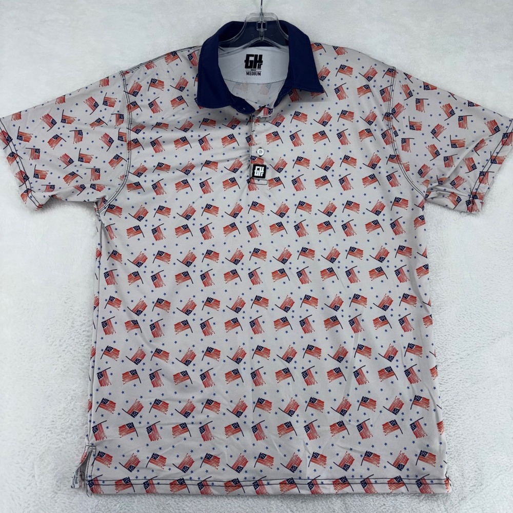 Greater Half Mens American Flag Patriotic Golf Polo Shirt White Blue Red Medium
